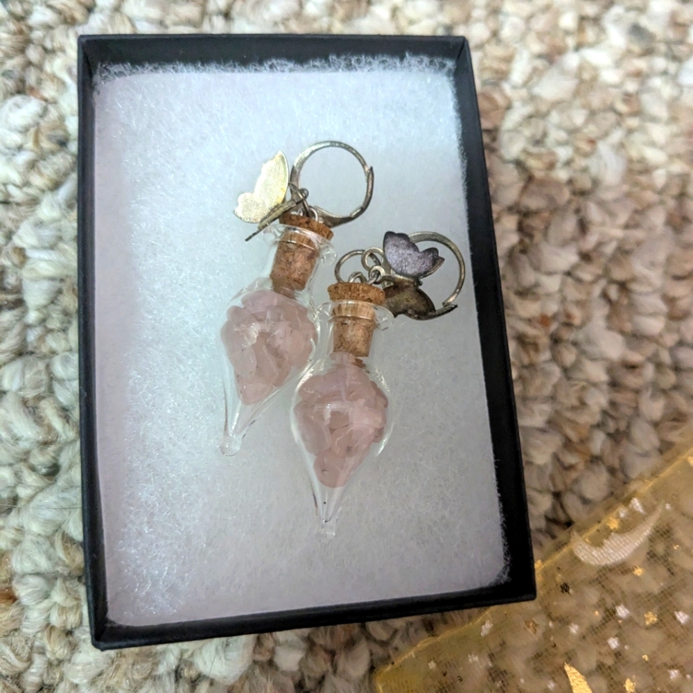 rose quartz butterfly earrings